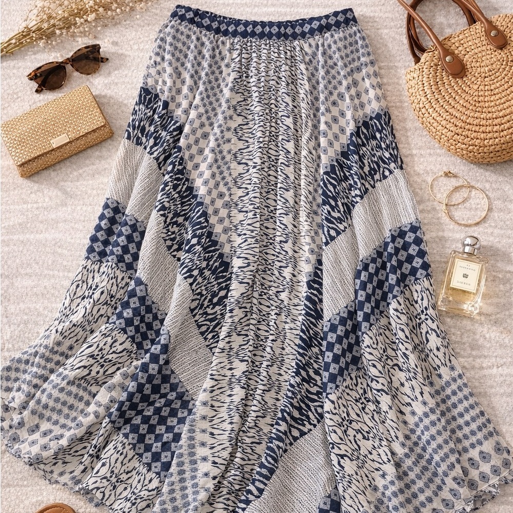 Chico’s Blue & White Boho Patchwork Midi Skirt | Flowy Spring Summer